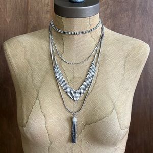 Silver layered necklace with rhinestone and tassel